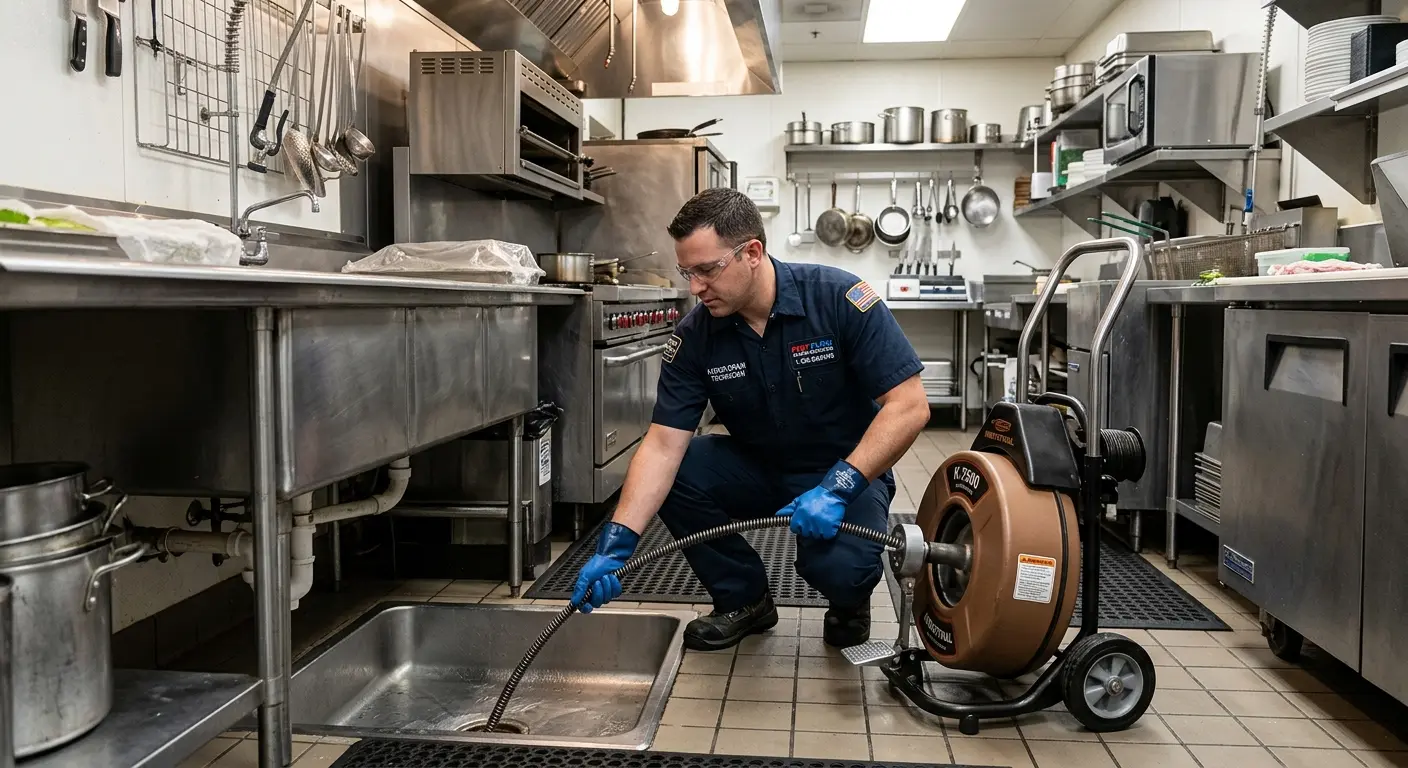 Commercial drain cleaning service in a restaurant kitchen in Dunwoody