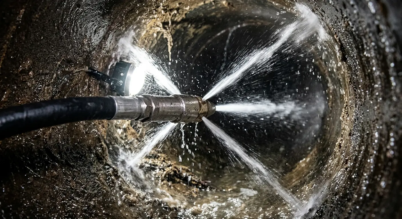 High-pressure hydro jetting nozzle cleaning sewer pipe for Emergency Drain Service in Dunwoody