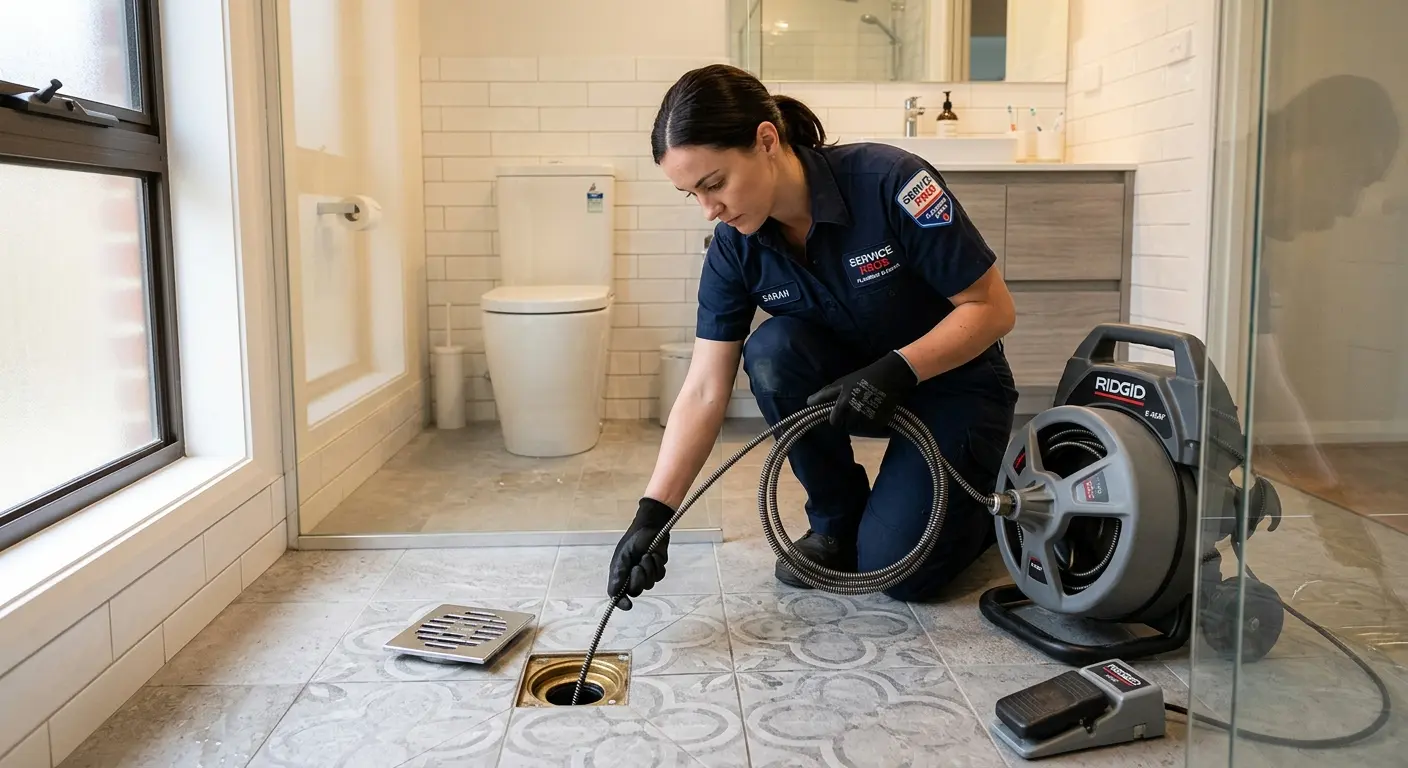 Technician clearing a bathroom floor drain for Drain Repair in Dunwoody
